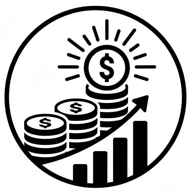 A circular icon showing stacks of coins with dollar signs and an upward-trending bar graph.